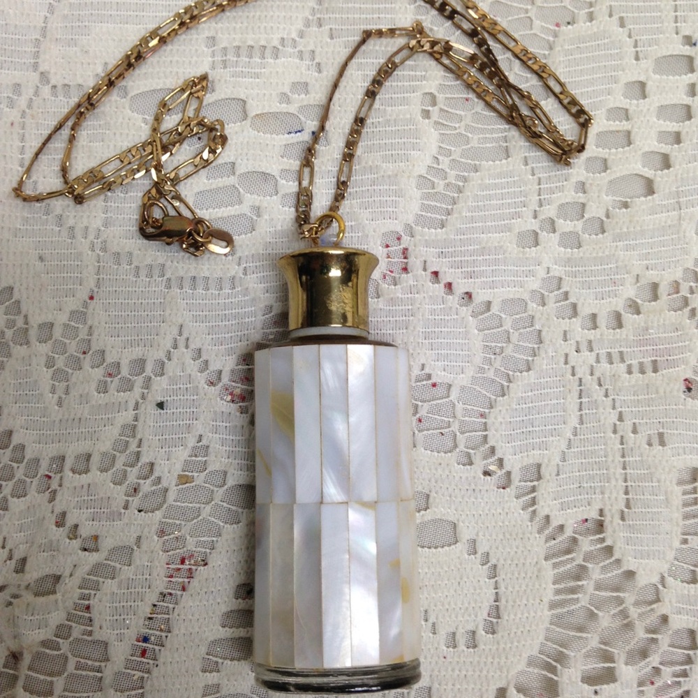 Vintage Mother of Pearl Perfume Bottle -2.5in-Pendant -20in 18KGF Chain Necklace